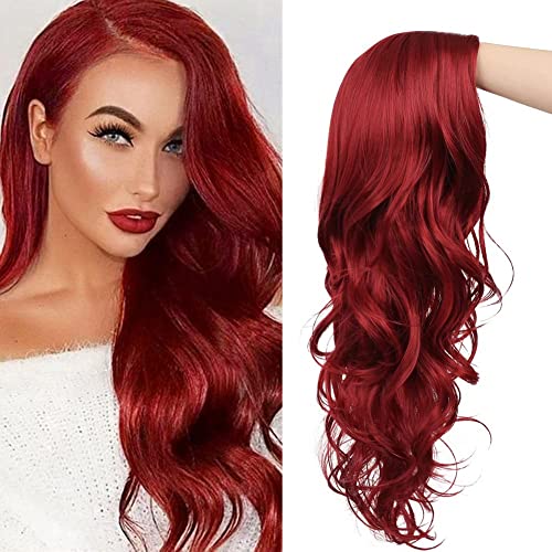 Tseses Red Wigs Long Curly Wavy Wigs for Women Side Part Natural Looking Cosplay Halloween Synthetic Fiber Wig (Red) - Image 1