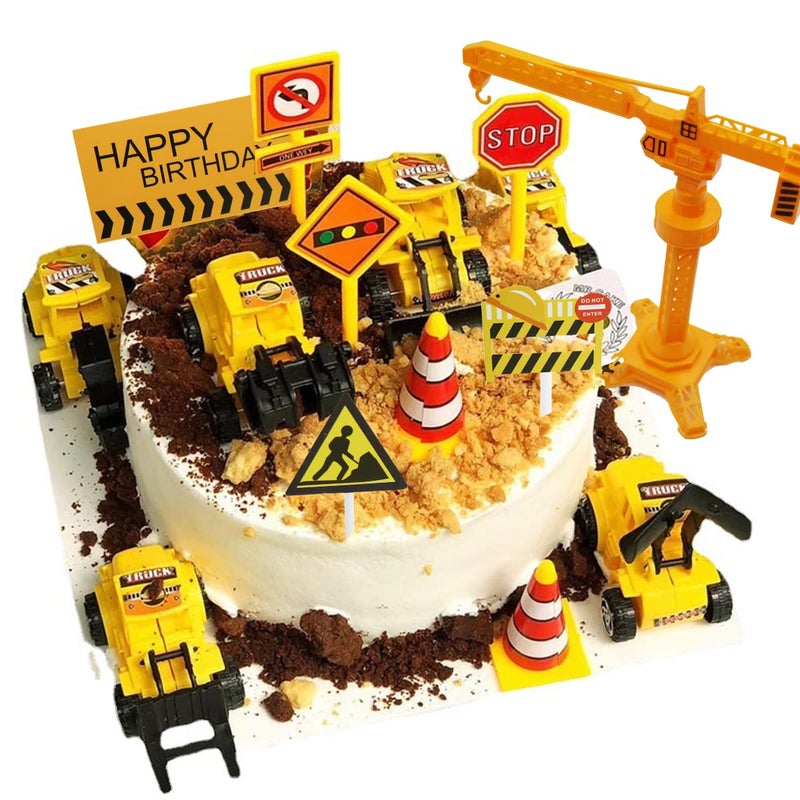Nevperish 18 PCS Construction Cake Toppers Vehicles Cake Decoration Set Excavator Tower Crane Cupcake Topper Traffic and Road Sign Decor Happy Birthday Party Supplies Favors - Image 1