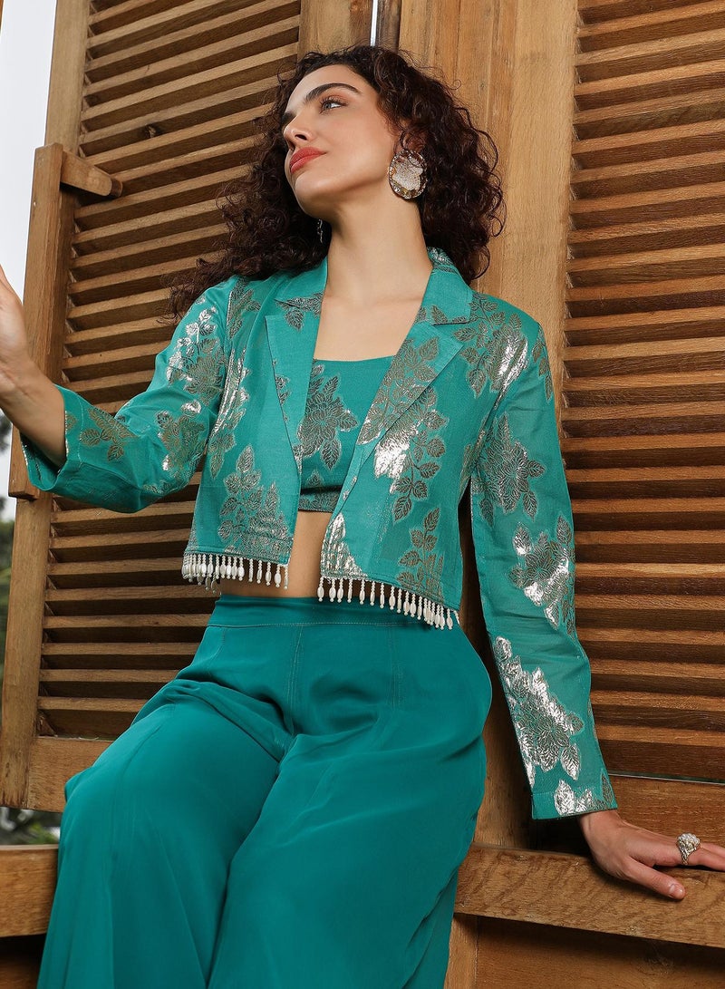 QISSA Women's Teal Green Plume Threads Co-Ord Set - Image 1