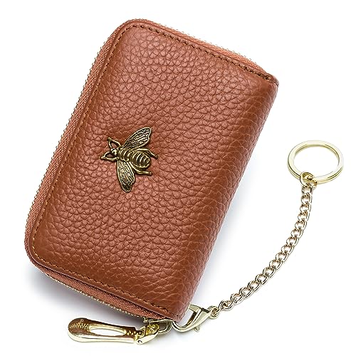 imeetu RFID Credit Card Holder, Small Leather Zipper Card Case Wallet with Keychain and ID Window for Women (Pro,Brown) - Image 1