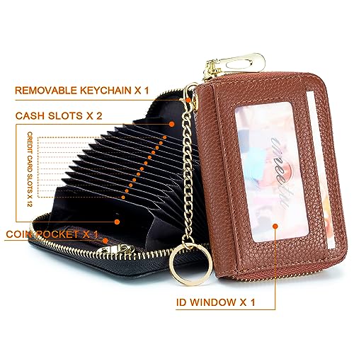 imeetu RFID Credit Card Holder, Small Leather Zipper Card Case Wallet with Keychain and ID Window for Women (Pro,Brown) - Image 3