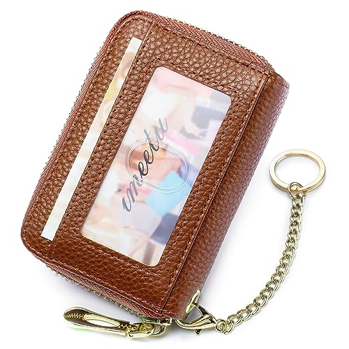 imeetu RFID Credit Card Holder, Small Leather Zipper Card Case Wallet with Keychain and ID Window for Women (Pro,Brown) - Image 2