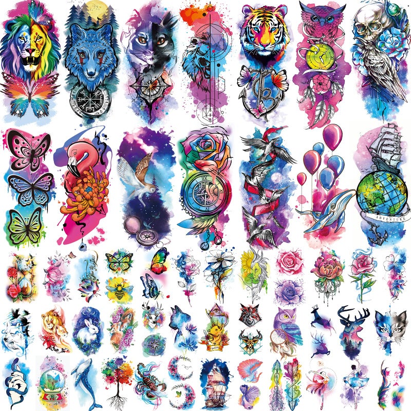 JEEFONNA 86 Sheets Temporary Tattoo 14 Sheets Large Half Arm Fake Flower Cat Owl Lion Tattoos 72 Sheets Tiny Waterproof Semi Permanent Temporary Tattoos Realistic for Women Girls Kids Adults