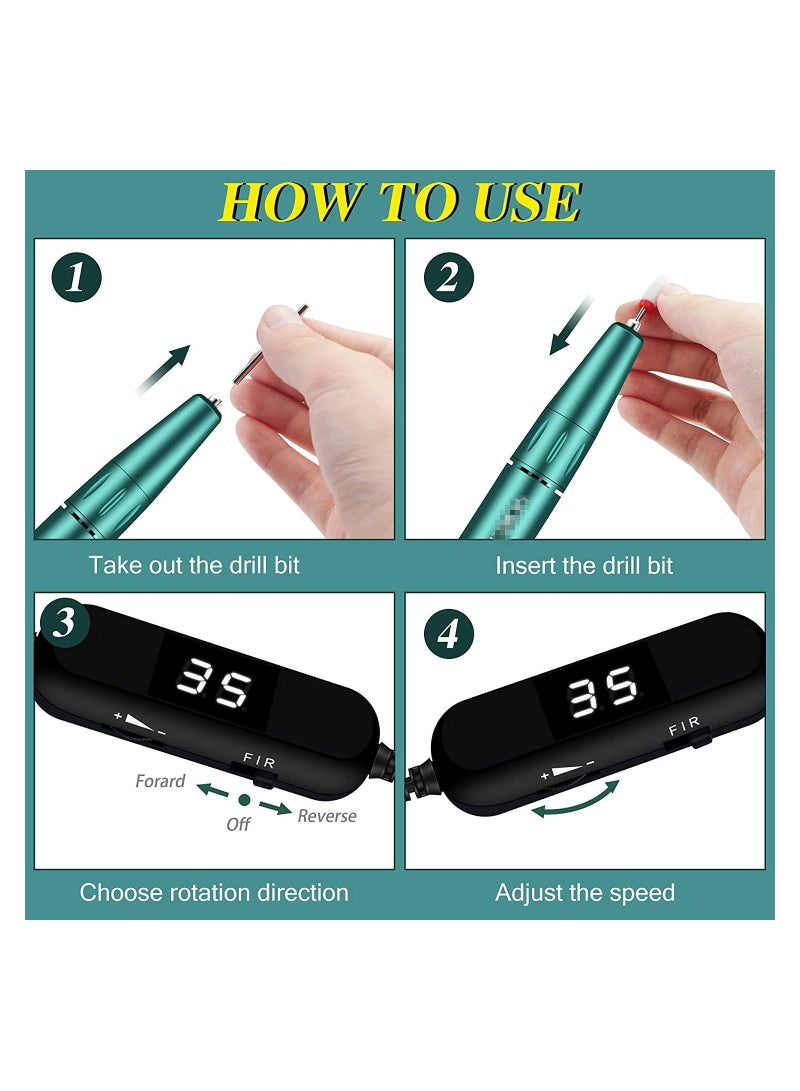 general 35000RPM Portable Electric Nail Drill, Compact Efile Handpiece Professional Manicure Pedicure Nail File Drill Kit, Green - Image 4