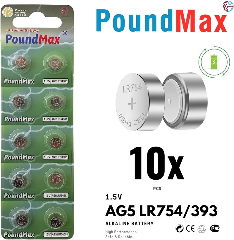 PoundMax 10-Pack AG5 (LR48, LR754, 393) 1.5V Alkaline Button Cell Batteries - Image 2