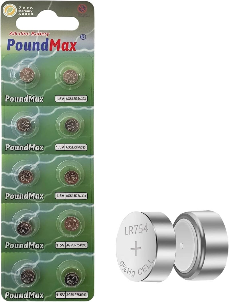 PoundMax 10-Pack AG5 (LR48, LR754, 393) 1.5V Alkaline Button Cell Batteries - Image 1