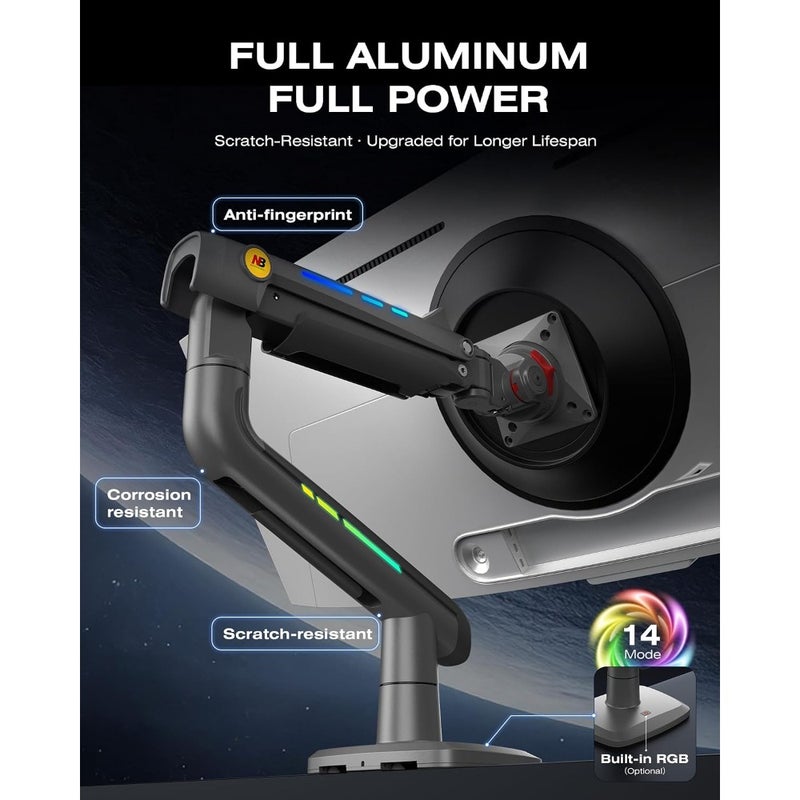 Gaming Monitor Arm for Flat/Ultrawide/Curved Monitors 3260 inch, Steel Grey-Black, Heavy Duty 20 kg Load, VESA 75/100 mm Mount - Image 3