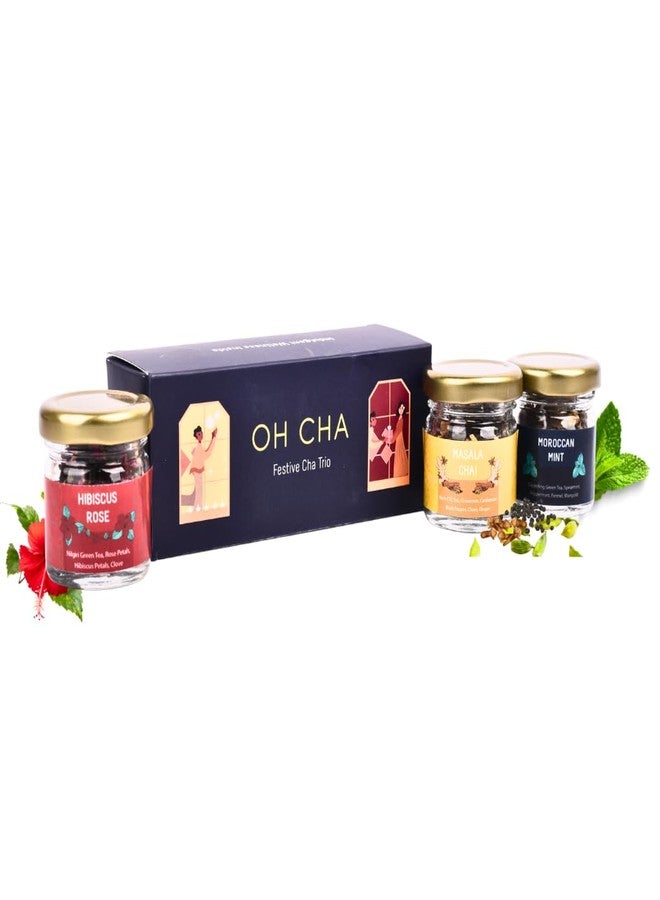 OH CHA - Festive Trio Tea Gift Set | Sampler Tea Gift Set with Hibiscus Rose, Masala Chai, Moroccan Mint in Glass Jars | Diwali Gifting Pack for Bulk Gifting, Corporate Gifting | Addition to Hampers | Diwali Gift Hamper, Festive Box - Image 1