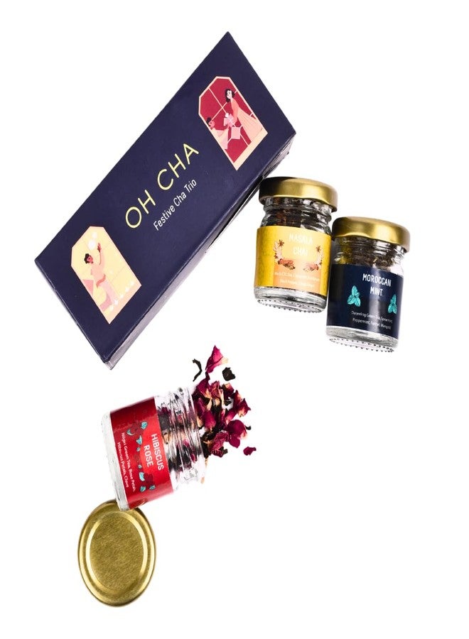 OH CHA - Festive Trio Tea Gift Set | Sampler Tea Gift Set with Hibiscus Rose, Masala Chai, Moroccan Mint in Glass Jars | Diwali Gifting Pack for Bulk Gifting, Corporate Gifting | Addition to Hampers | Diwali Gift Hamper, Festive Box - Image 5