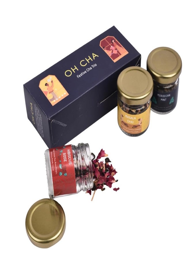 OH CHA - Festive Trio Tea Gift Set | Sampler Tea Gift Set with Hibiscus Rose, Masala Chai, Moroccan Mint in Glass Jars | Diwali Gifting Pack for Bulk Gifting, Corporate Gifting | Addition to Hampers | Diwali Gift Hamper, Festive Box - Image 3