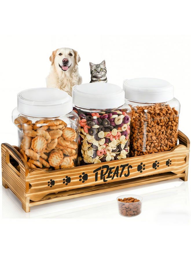 Tlence Dog Treats Container with 3 Plastic Jars, Dog Food Storage Canister with Wooden Stand, Airtight Pet Treat Holder for Dogs and Cats, Dog Snacks Treat Organizer for Kitchen Counter, Gift for Pet - Image 1