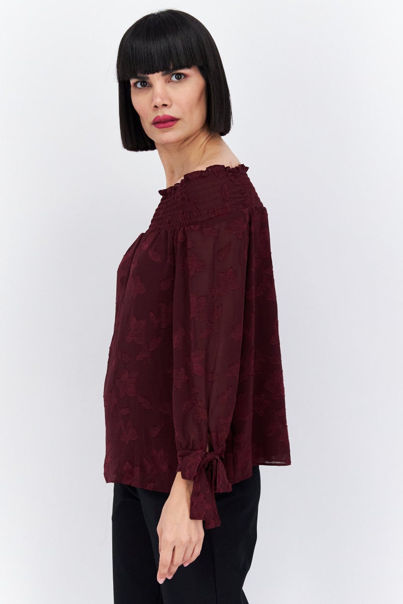 CeCe Women Off Shoulder Long Sleeve Floral Jacquard Blouse, Maroon - Image 3