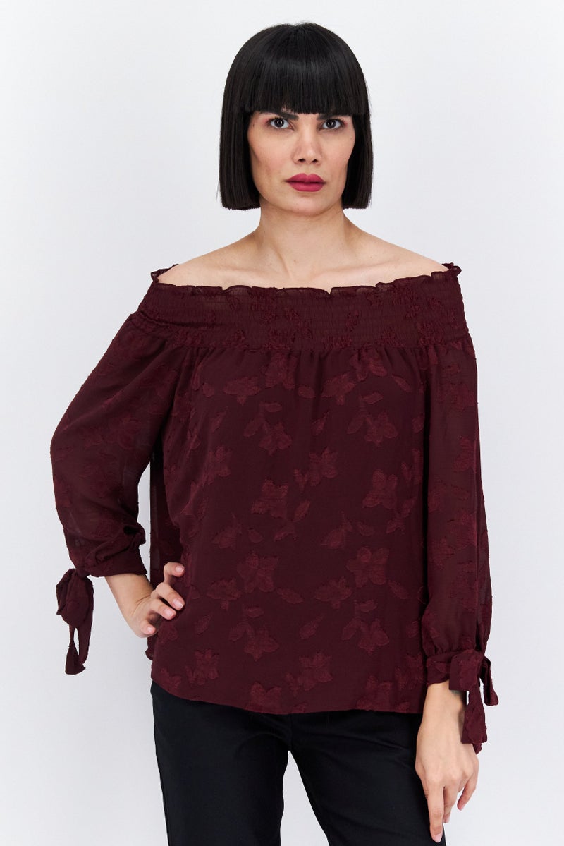 CeCe Women Off Shoulder Long Sleeve Floral Jacquard Blouse, Maroon - Image 1