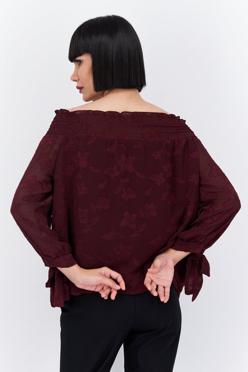 CeCe Women Off Shoulder Long Sleeve Floral Jacquard Blouse, Maroon - Image 2