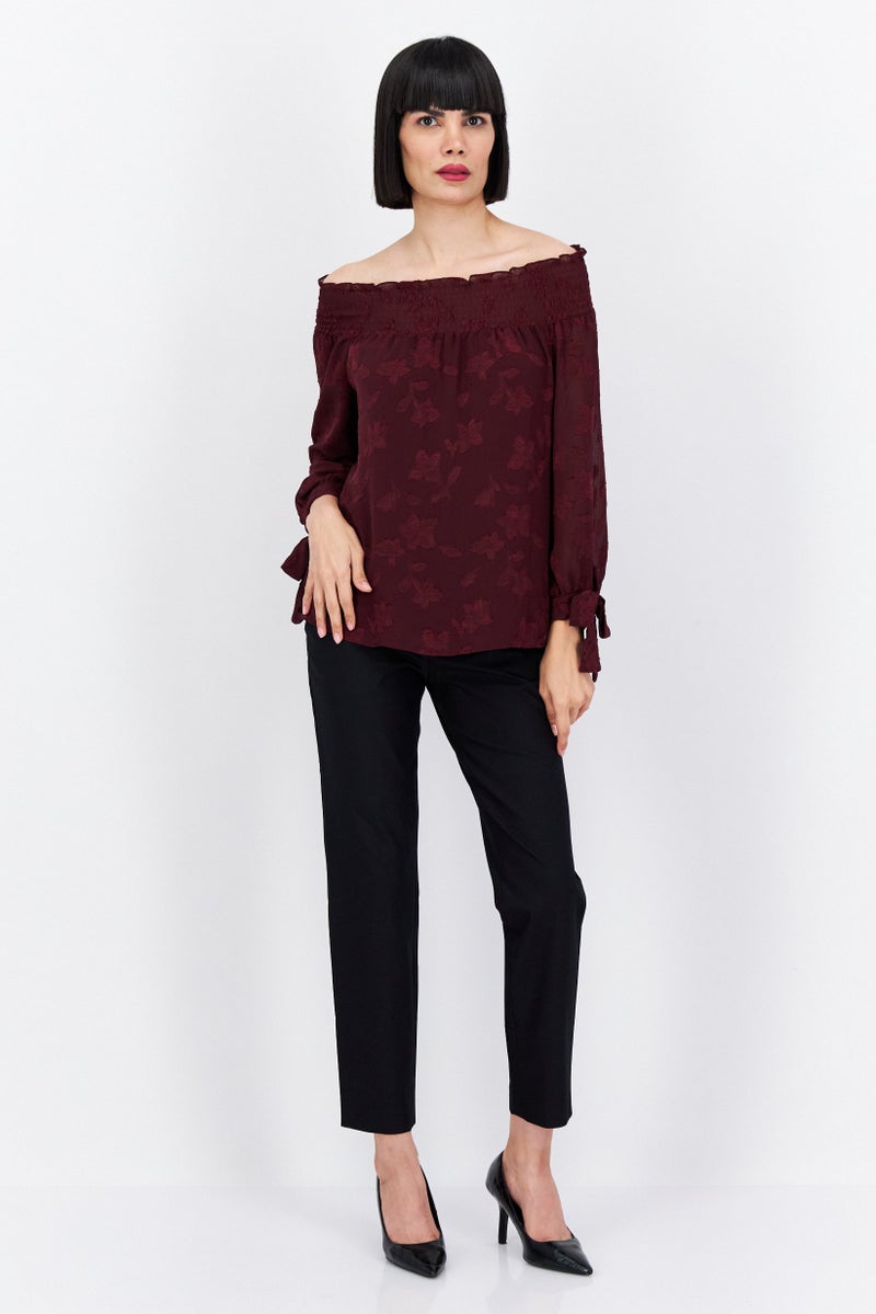 CeCe Women Off Shoulder Long Sleeve Floral Jacquard Blouse, Maroon - Image 4