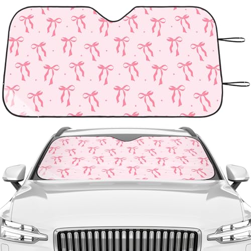 DaisyInner Pink Bow Car Windshield Sun Shade Cute Cars Visor Front Windshield Sun Protector to Keep Cooler Vehicle Automotive Sunshade Interior Heat and UV Protection 55 x 27.6 Inch - Image 1