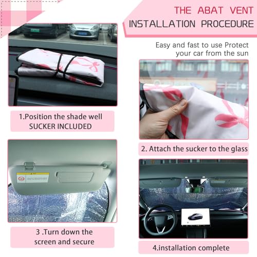 DaisyInner Pink Bow Car Windshield Sun Shade Cute Cars Visor Front Windshield Sun Protector to Keep Cooler Vehicle Automotive Sunshade Interior Heat and UV Protection 55 x 27.6 Inch - Image 4