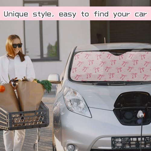 DaisyInner Pink Bow Car Windshield Sun Shade Cute Cars Visor Front Windshield Sun Protector to Keep Cooler Vehicle Automotive Sunshade Interior Heat and UV Protection 55 x 27.6 Inch - Image 5