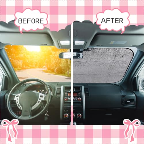 DaisyInner Pink Bow Car Windshield Sun Shade Cute Cars Visor Front Windshield Sun Protector to Keep Cooler Vehicle Automotive Sunshade Interior Heat and UV Protection 55 x 27.6 Inch - Image 3