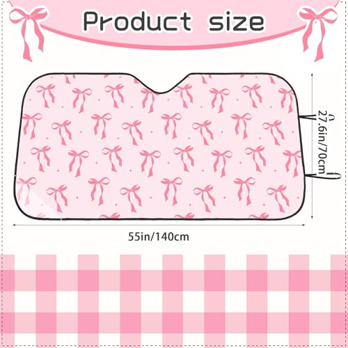 DaisyInner Pink Bow Car Windshield Sun Shade Cute Cars Visor Front Windshield Sun Protector to Keep Cooler Vehicle Automotive Sunshade Interior Heat and UV Protection 55 x 27.6 Inch - Image 2