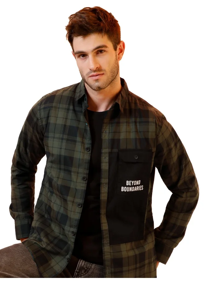 بيونغ Single Pocket Jade Green Checked Shirts for Men