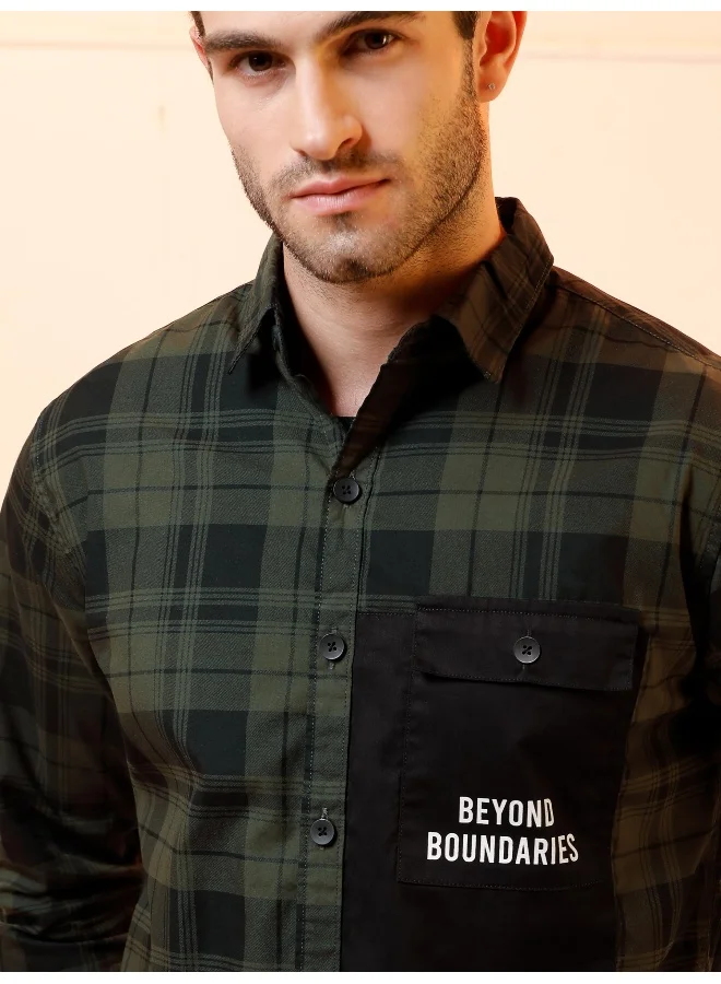 Beyoung Single Pocket Jade Green Checked Shirts for Men