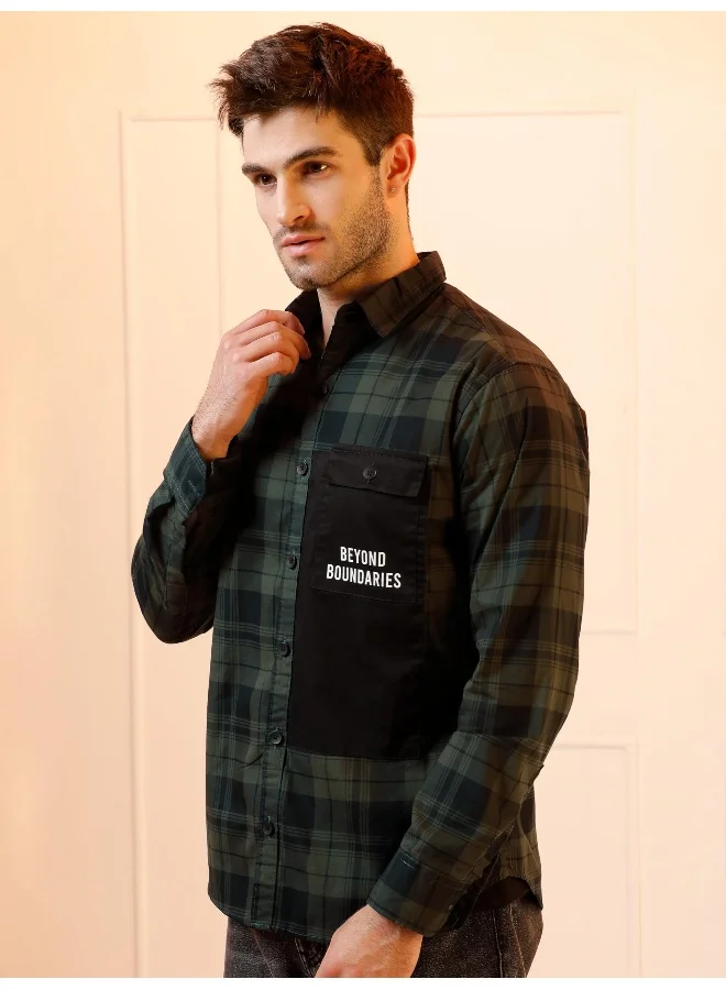 Beyoung Single Pocket Jade Green Checked Shirts for Men