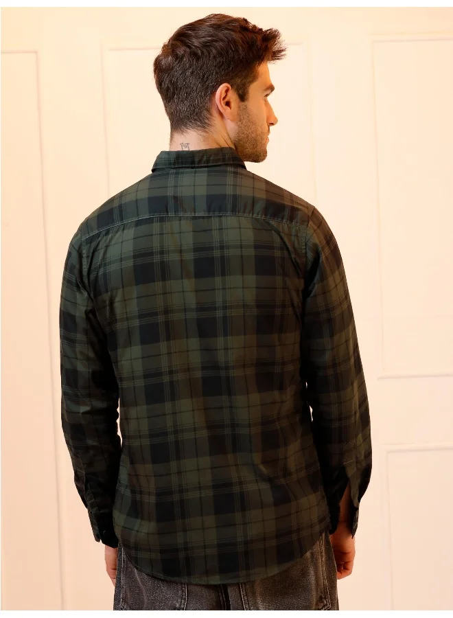 Beyoung Single Pocket Jade Green Checked Shirts for Men