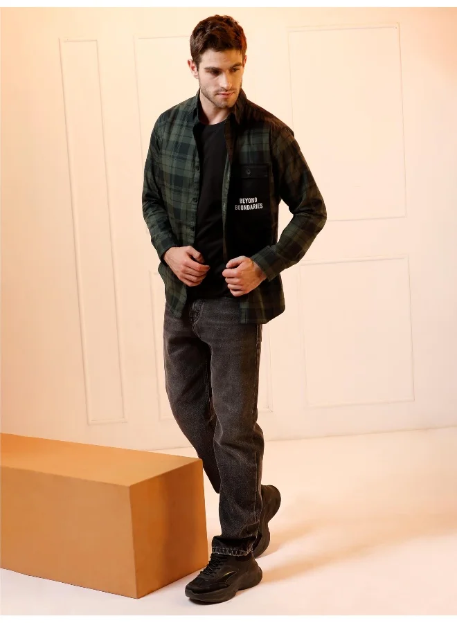 Beyoung Single Pocket Jade Green Checked Shirts for Men