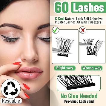 Liwal Self Adhesive Eyelashes No Glue No Remover Needed 60 Pcs C Curl 913mm PreGlued Cluster Lashes Reusable PressOn Eyelashes with Tweezer LWClassic 913 Mix - Image 5