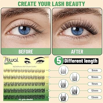 Liwal Self Adhesive Eyelashes No Glue No Remover Needed 60 Pcs C Curl 913mm PreGlued Cluster Lashes Reusable PressOn Eyelashes with Tweezer LWClassic 913 Mix - Image 3