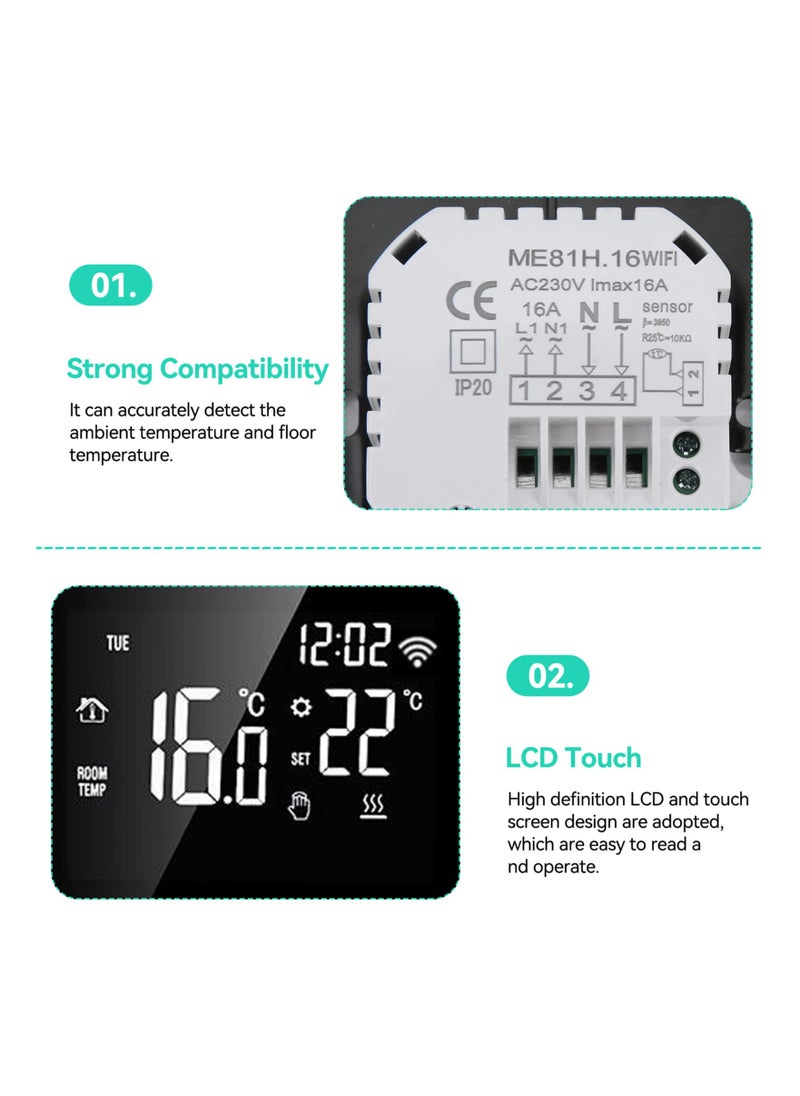 SYOSI - ترموستات ذكي، جهاز تحكم في درجة الحرارة ME81H AC 230V، ترموستات ذكي يعمل بالواي فاي، شاشة LCD، ترموستات ذكي، ترموستات تدفئة أرضية (16 أمبير، ظهر أبيض وضغط أبيض) - Image 1