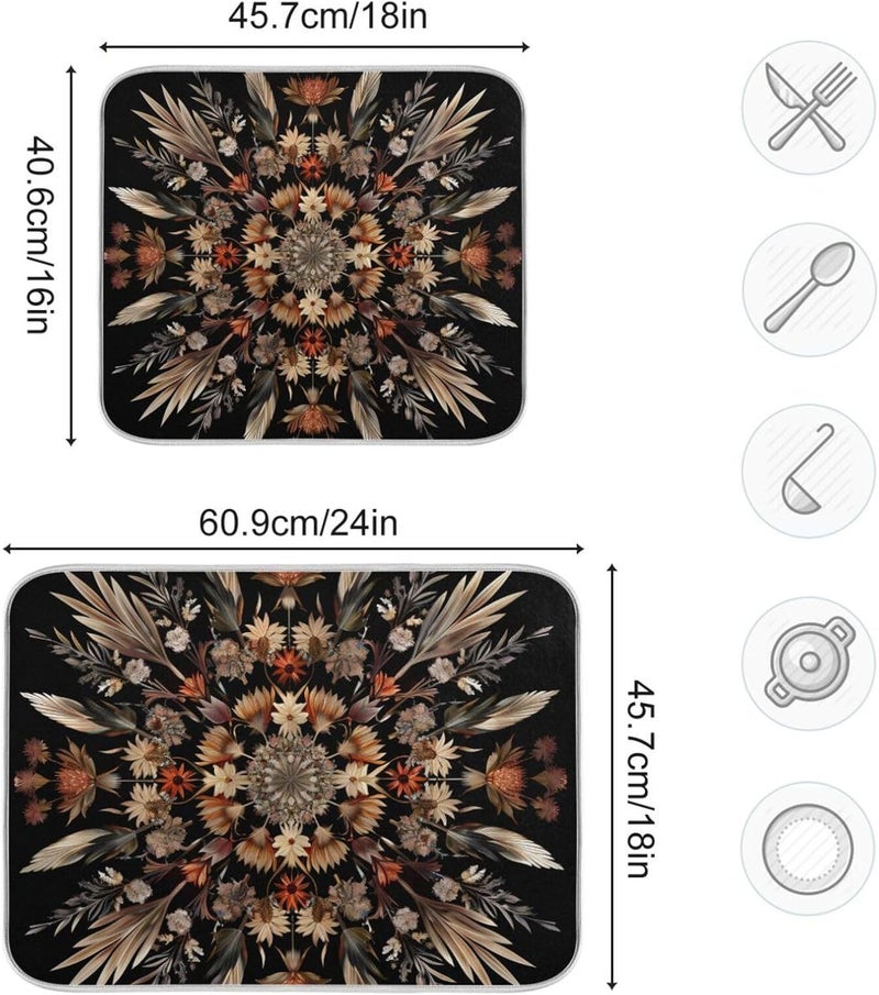senya Boho Dish Drying Mat for Kitchen Counter, Intricate Floral Mandal Drying Pad Absorbent Dishes Drainer Mats Trivet 16 x 18 Inch - Image 2