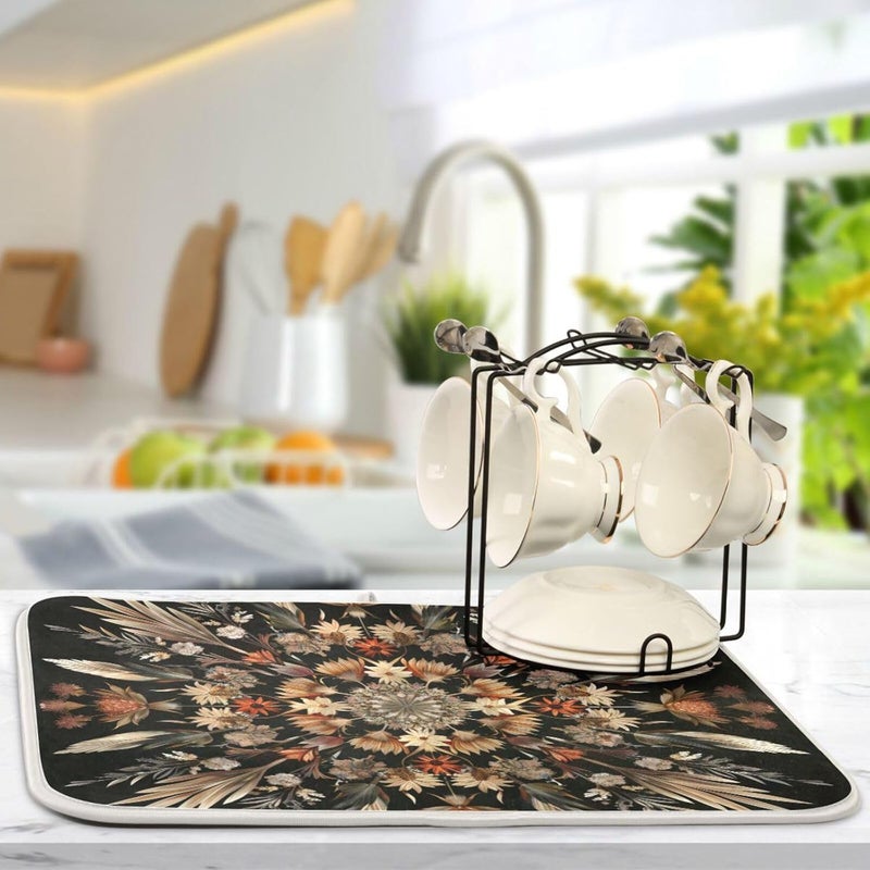 senya Boho Dish Drying Mat for Kitchen Counter, Intricate Floral Mandal Drying Pad Absorbent Dishes Drainer Mats Trivet 16 x 18 Inch - Image 5