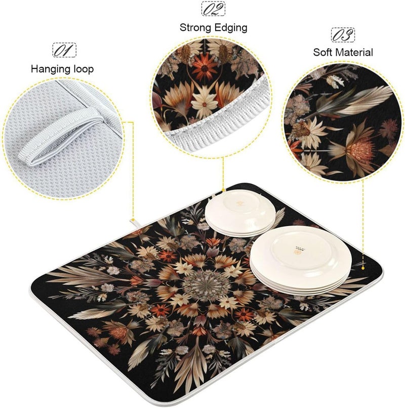 senya Boho Dish Drying Mat for Kitchen Counter, Intricate Floral Mandal Drying Pad Absorbent Dishes Drainer Mats Trivet 16 x 18 Inch - Image 4