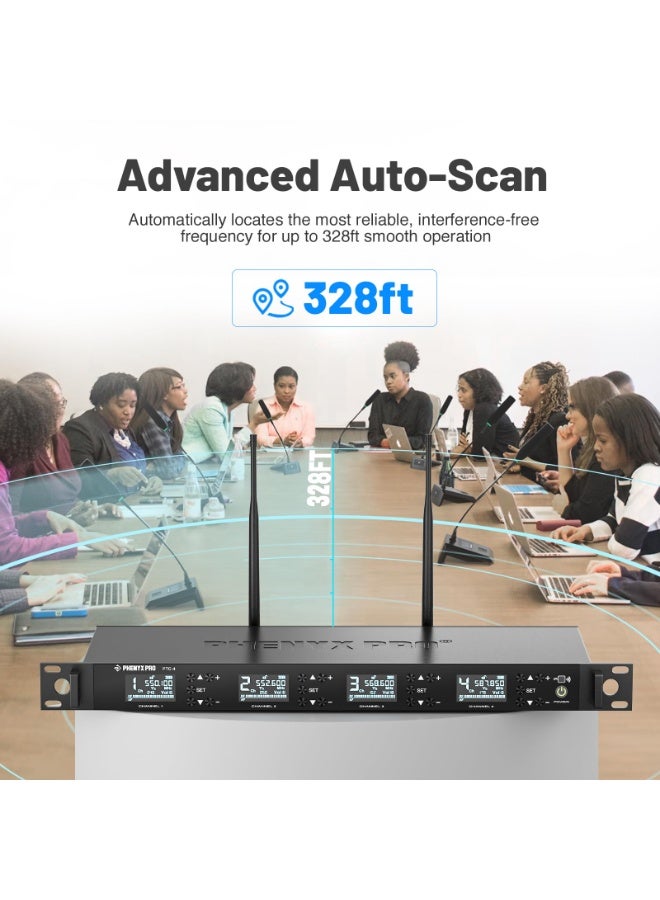 Phenyx Pro Wireless Conference Microphone System Quad Channel Podium Mic with 4 Gooseneck Microphones Auto Scan UHF 4x50 Frequencies for Lecture Church Conference Public Speaking PTC 4 - Image 2