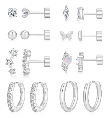 PLOMFOV Gold Flat Back Earrings | Hoop Cartilage Earring Sets for Multiple Piercing | 14K Gold Plated 20G Stud Earrings Stacks for Women | Cartilage Helix Tragus Piercing Silver Tone - Image 1