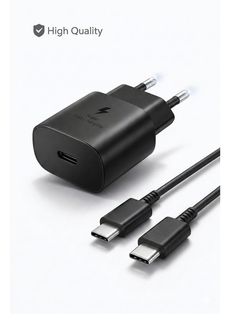 شاحن سريع 25 واط USB-C (Type-C) مع كابل تايب سي | Super Fast Charging | شاحن حائط تايب سي | متوافق مع Samsung Galaxy وAndroid - Image 1