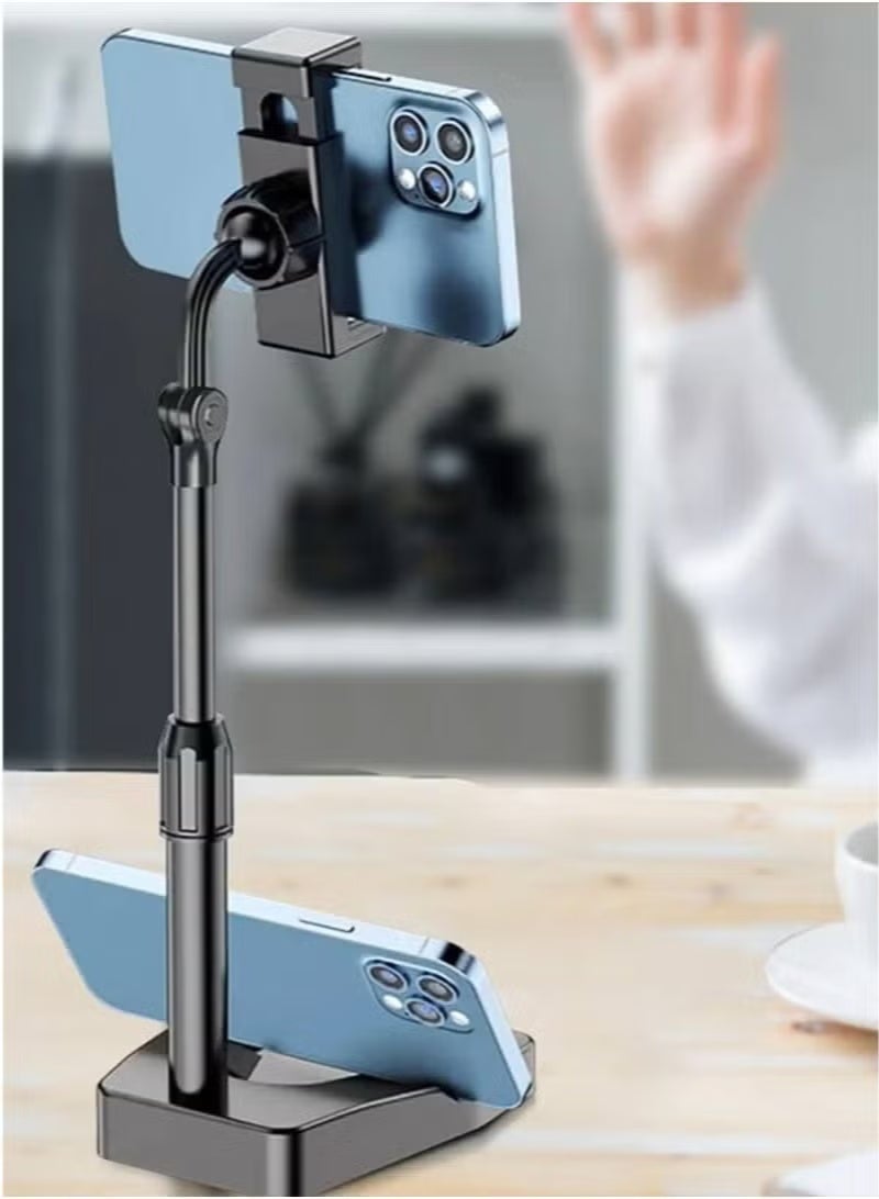 Mobile phone holder stand for photography, broadcasting and monitoring. It holds two devices at the same time and features a heavy base to prevent falls. The height reaches 35 cm. - Image 1