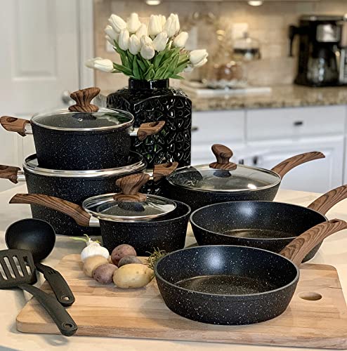 Kitchen Academy Induction Cookware Sets - 12 Piece Cooking Pan Set, Granite Black Nonstick Pots and Pans Set - Image 1