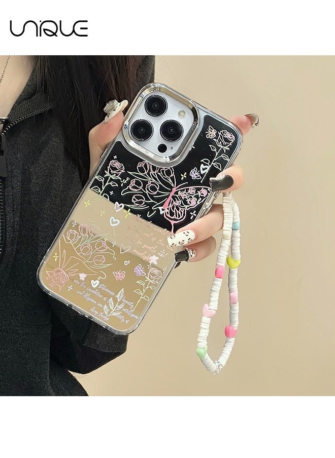 Unique - Compatible with iPhone 16 Pro Max Cases - Butterfly Pattern Cases - Rose Pattern Phone Case - Mirror Cases - TPU Drop Protection - With Lanyard - Image 1