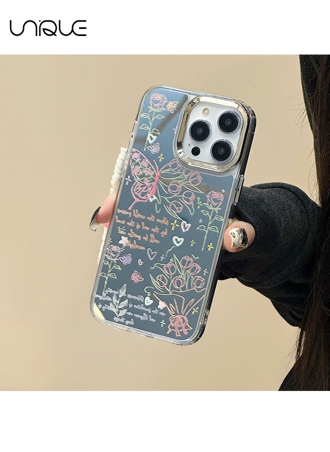 Unique - Compatible with iPhone 16 Pro Max Cases - Butterfly Pattern Cases - Rose Pattern Phone Case - Mirror Cases - TPU Drop Protection - With Lanyard - Image 1
