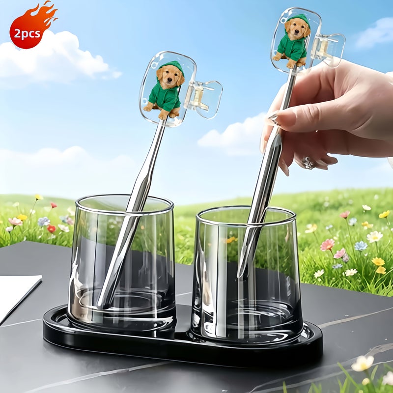 2pcs Cute Golden Retriever Puppy Pattern Portable Toothbrush Head Cover Protector Holder Storage Case Pet Dog Themed Bathroom Decor For Home Travel Outdoor Daily Use - Image 2