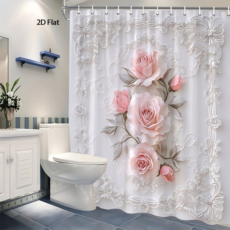 Vintage 2D Printed Shower Curtain 80x180 cm Pink Roses Floral Design With Hooks - Image 5