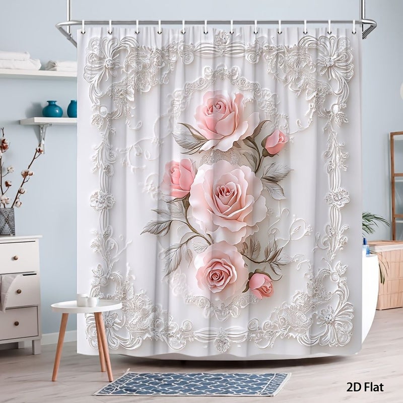 Vintage 2D Printed Shower Curtain 80x180 cm Pink Roses Floral Design With Hooks - Image 4