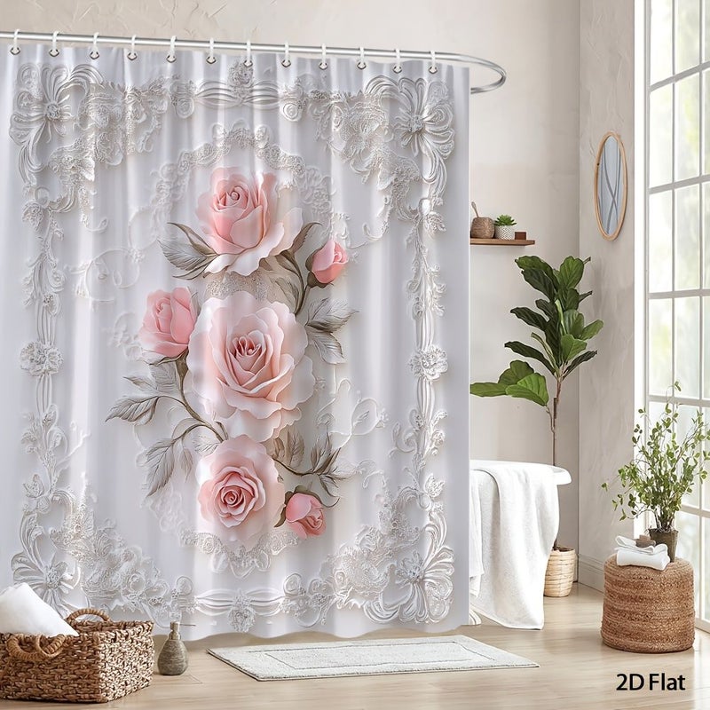 Vintage 2D Printed Shower Curtain 80x180 cm Pink Roses Floral Design With Hooks - Image 1