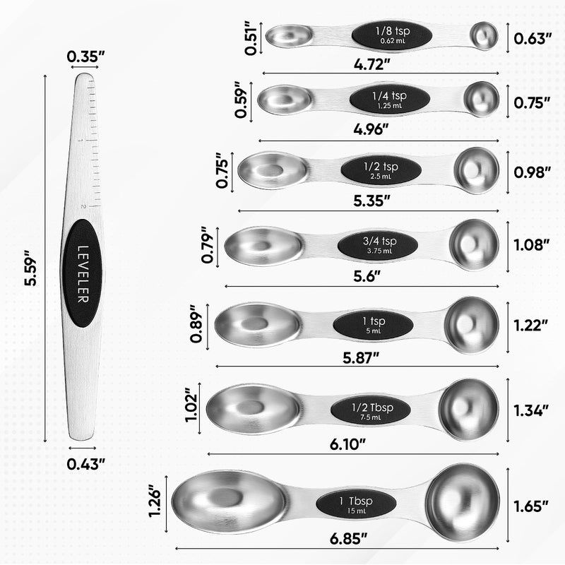 Spring Chef Stainless Steel Magnetic Measuring Spoons Set with Strong N45 Magnets, Heavy Duty Metal Kitchen Gadgets for Baking & Cooking, Fits in Most Kitchen Spice Jars, Set of 8 with Leveler, Black - Image 3