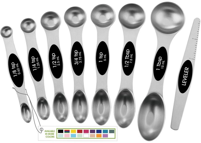 Spring Chef Stainless Steel Magnetic Measuring Spoons Set with Strong N45 Magnets, Heavy Duty Metal Kitchen Gadgets for Baking & Cooking, Fits in Most Kitchen Spice Jars, Set of 8 with Leveler, Black - Image 1