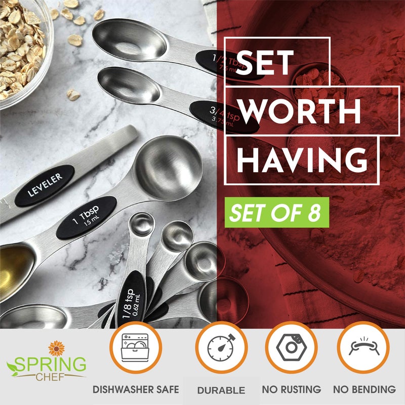 Spring Chef Stainless Steel Magnetic Measuring Spoons Set with Strong N45 Magnets, Heavy Duty Metal Kitchen Gadgets for Baking & Cooking, Fits in Most Kitchen Spice Jars, Set of 8 with Leveler, Black - Image 4