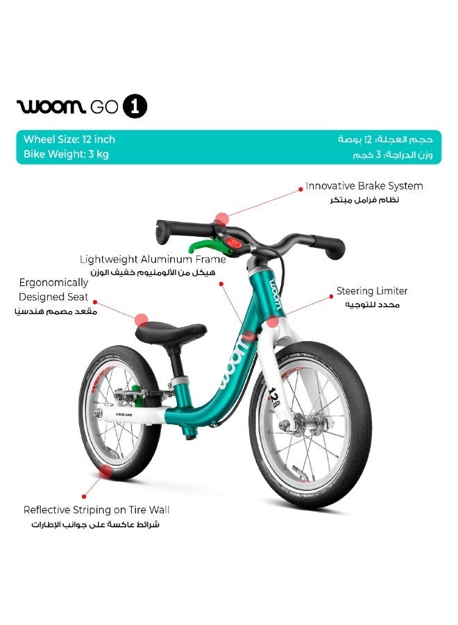 Woom GO 1 Balance Bike for Toddlers|12-inch Wheels|Lightweight Aluminum Frame|Rear Hand Brake|Ages 1.5-3.5|Metallic Turquoise - Image 5
